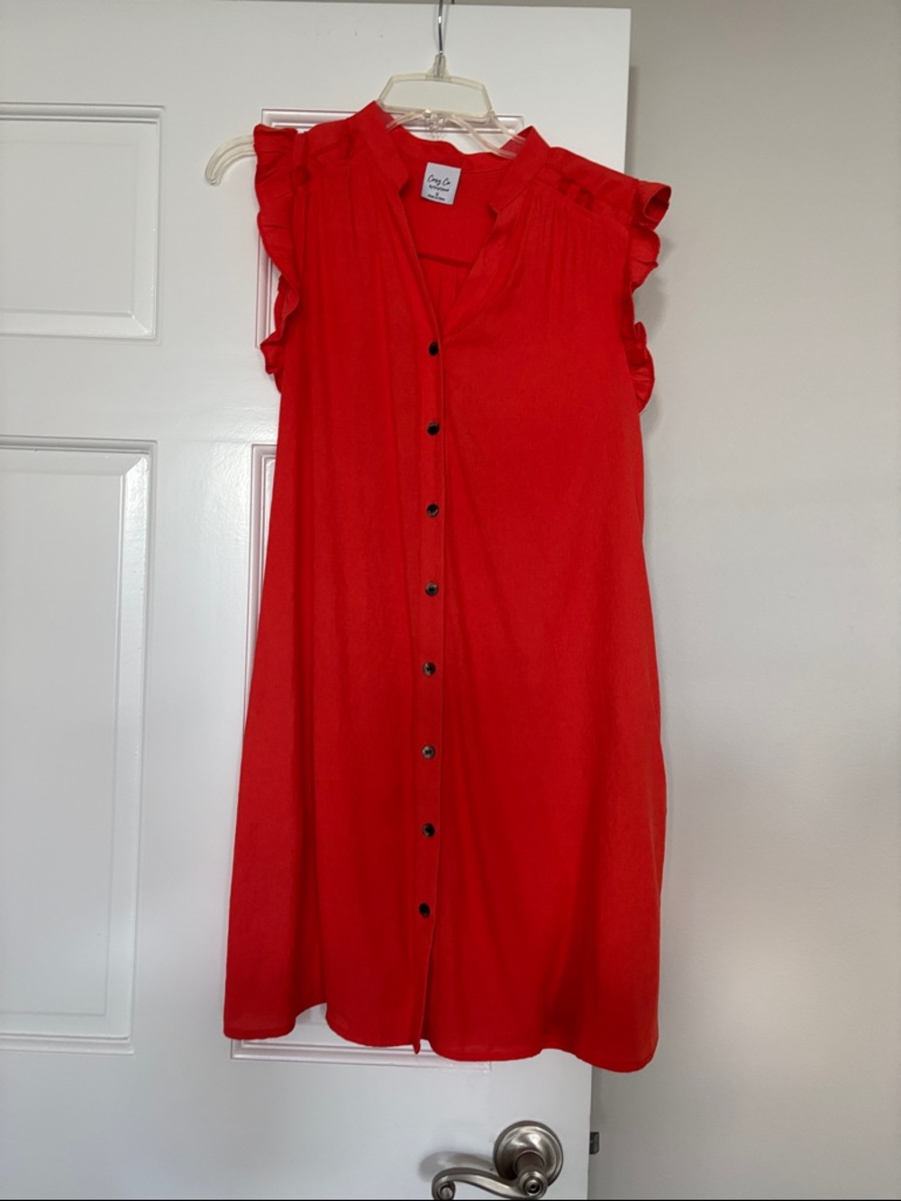 Cozy Casual Red Button-Front Ruffle Sleeve Dress